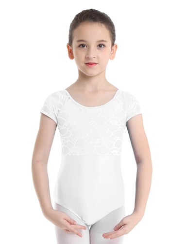 Kids Girls Short Sleeves Lace Back Jumpsuit Gymnastics Leotard Skirt Dancewear - Bild 9 von 60