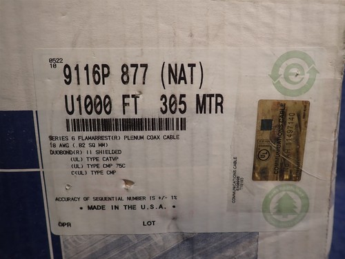 Belden 9116P 877 Plenum Coax CATV Cable, Series 6, 18 AWG, Approx. 900' (H24) - Photo 2/3