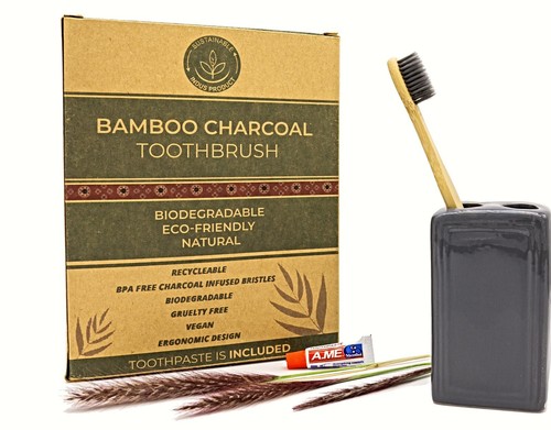 Bamboo Toothbrushes ( Pack of 10). Toothpaste included. Soft Charcoal Bristle - Picture 8 of 12