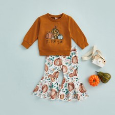 NEW Pumpkin Long Sleeve Shirt Bell Bottoms Girls Halloween Outfit Set