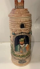 Vintage German BEER STEIN Ceramic Castle Lid Top  9.5” H King Jester 3D Glossy