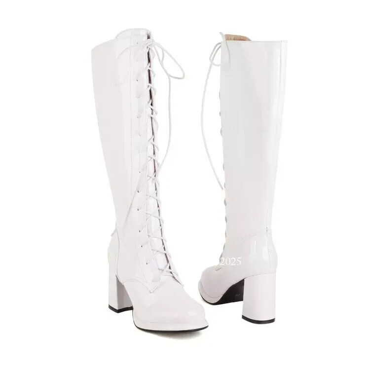 Shiny Patent Leather Zip Up Knee High Boots Womens Block Shiny Patent Leather Zip Up Knee High Boots Womens Block