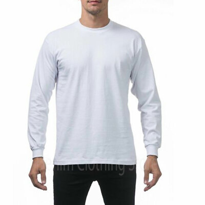 Pro Club Men's Heavyweight Cotton Long Sleeve T-Shirt Crew Neck Plain Tee S-7XL