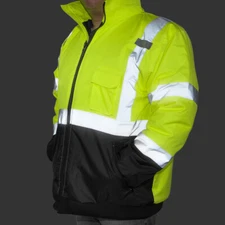 Hi-Vis Class 3 Safety Jacket Neon Reflective Coat Bomber Jacket XL