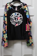 Justice Girls Retro Surf Long Sleeve Rashguard Swim Top - Black-XL 16/18 -NWT