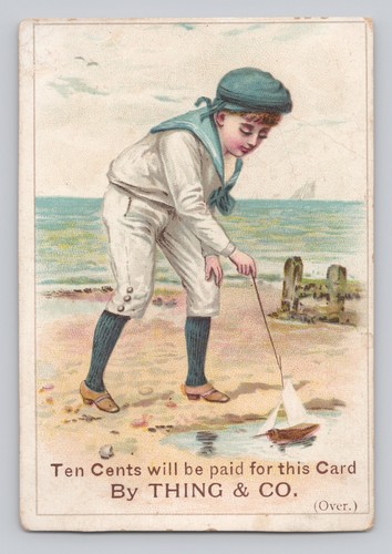Victorian Trade Card Boy with Sailboat Toy at Beach Coupon SB Thing & Co Troy NY