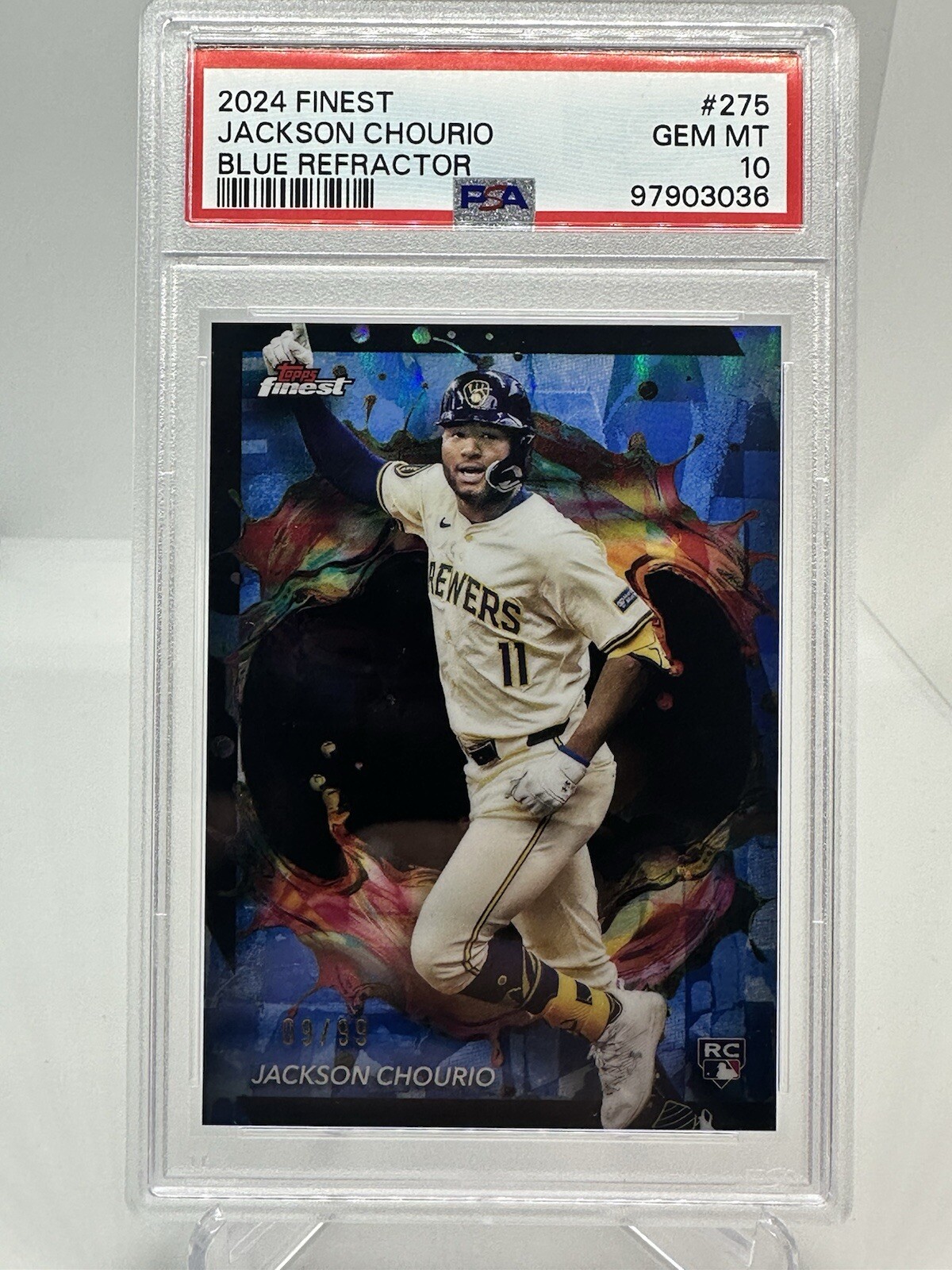 2024 Topps Finest Jackson Chourio Blue Refractor /99  275 (RC) - PSA 10 GEM MINT