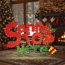 Outdoor Christmas Decoration Santa Stop Here Sign with Red and Green LED Lights