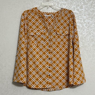 Notations Geometric Print Button Up Roll Tab Blouse Split Neck Mustard Yellow L