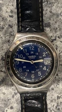 Swatch Watch Swiss Quartz Blue Dial Date Military Style 24-Hour Vintage