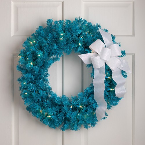 Pre-Lit Artificial Pine Christmas Wreath - 24" - Turquoise - Clear Lights