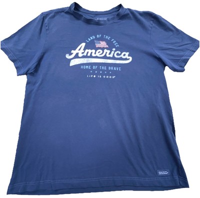Life Is Good Shirt Men Large Blue Tee America Flag Outdoors Dad Crusher  *