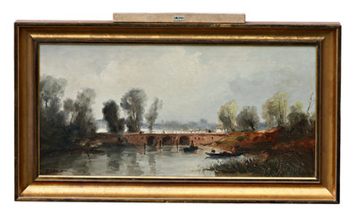 Erich Demmin   Flusslandschaft mit Brücke und Booten   Ölbild, signiert
