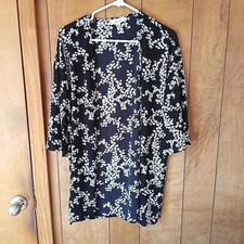 Pink Rose Black Floral Open Front Kimono Jacket Cover Up Size S