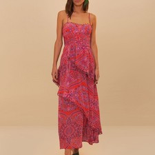 Farm Rio Red Paisley Scarf Loopy Trim Maxi Dress, Small, New