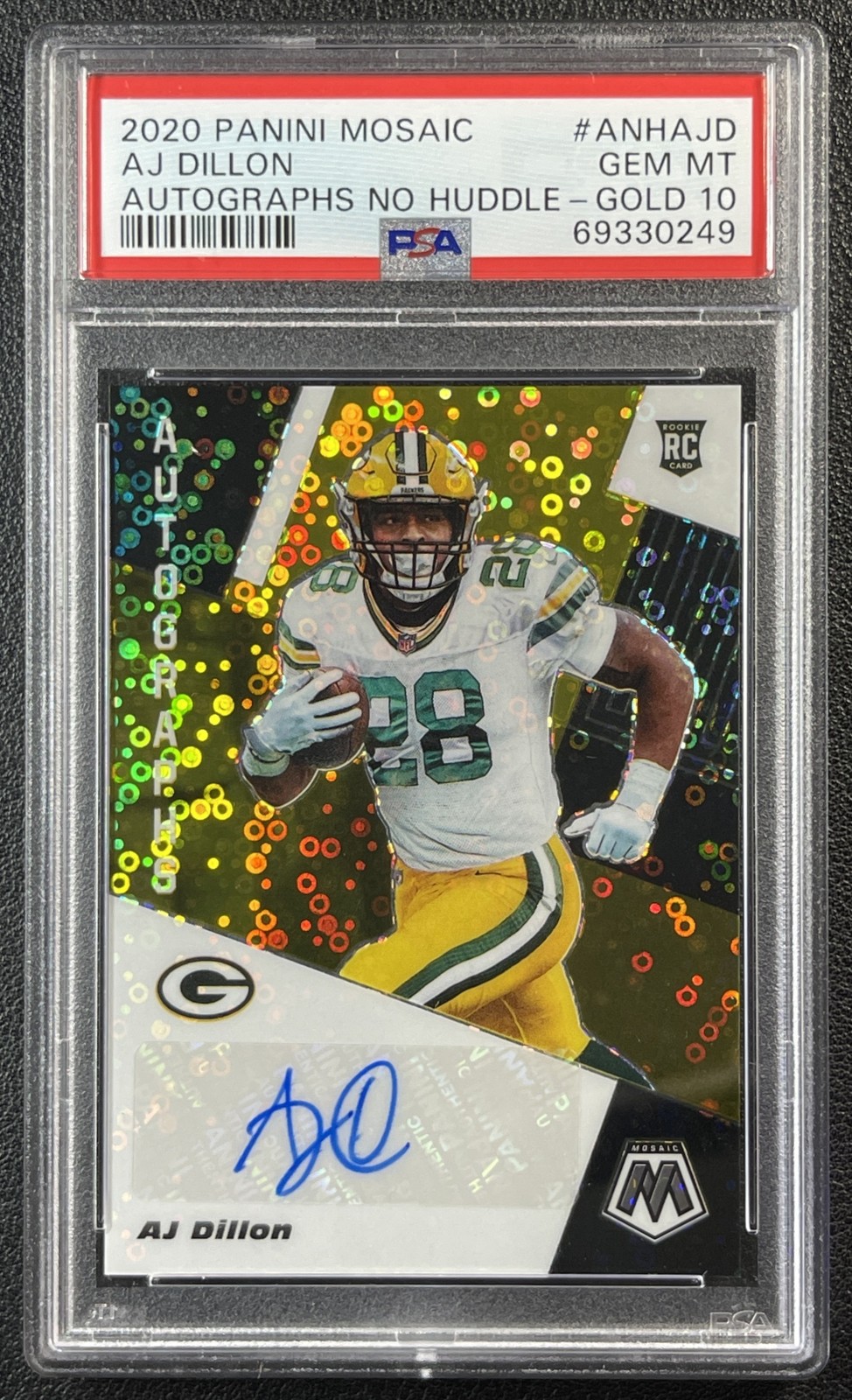 AJ Dillon Panini Mosaic Autographs No Huddle #ANHAJD Gold