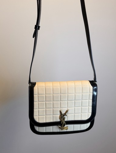 Saint Laurent Solferino Medium YSL Logo Beige Suede Quilted Black Shoulder Bag