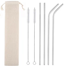 Set of 4 Reusable Metal Straws, 10.5'' Long Stainless Steel Straw with Cleaning