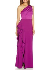 Adrianna Papell One-Shoulder Satin-Trim Draped Gown, Wild Orchid, Size-8