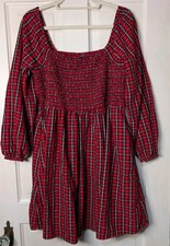 Old Navy Red Plaid Smocked Fit And Flare Dress Womans XL Empire Balloon ((1102)