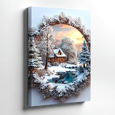 Wall Art Winter Cabin Snowy Forest Lake Sunset Round Rustic Landscape Decor