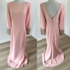 Vintage Victor Costa Pink Maxi Gown With Beaded Sleeves Scoop Back 12 Read! 