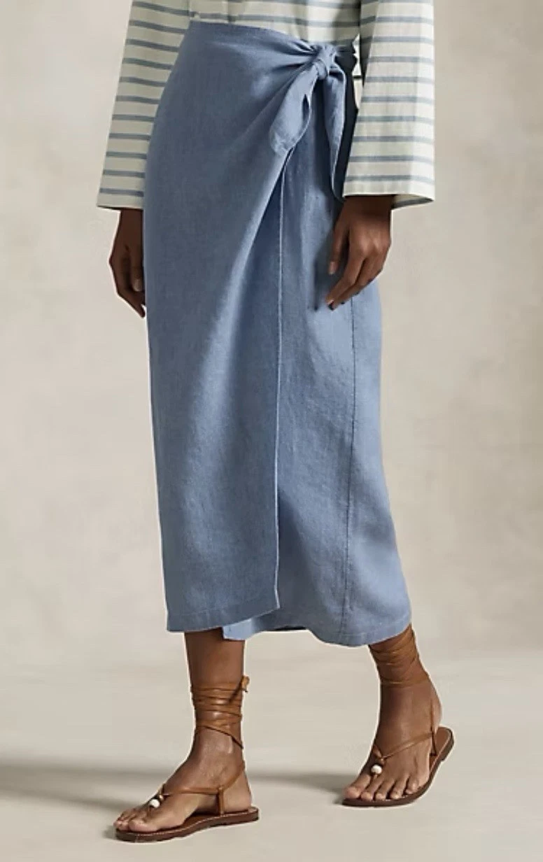 $431 NWT Polo Ralph Lauren 100% Linen Blue Linen Tie-Wrap Skirt sz L