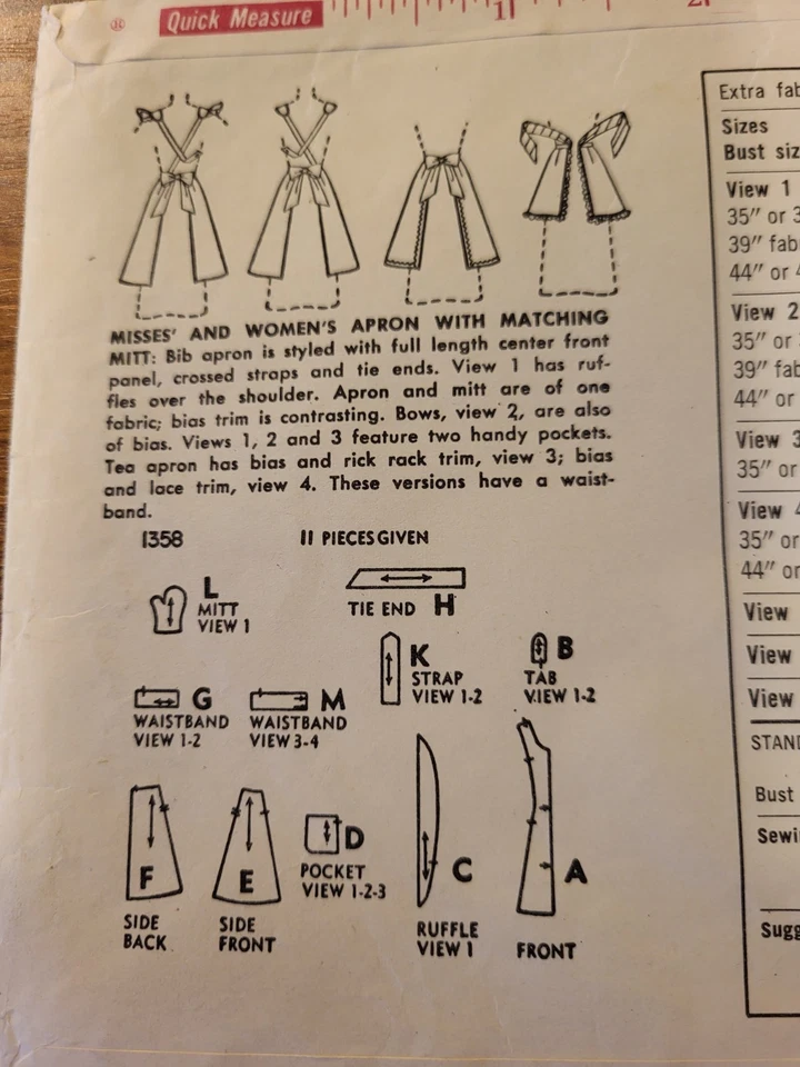 Delantal y guante vintage años 50 Simplicity 1358 patrón de costura mujer talla mediana completo Foto 4 de 4