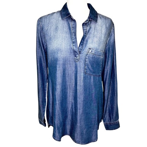 Cloth & Stone Chambray Tencel Kerbausschnitt Langarm Pullover Tunika Oberteil Bluse S