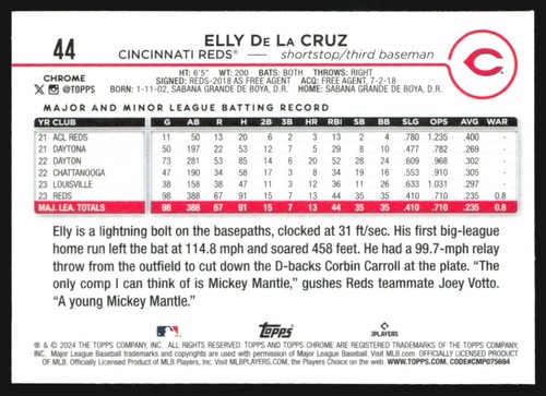 2024 Topps Chrome Elly De La Cruz Rookie #44 TS8-7 - Picture 2 of 2