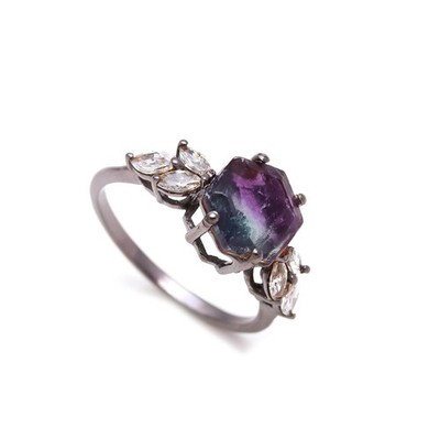 Natural Purple Fluorite Hexagon Ring 925 Sterling Silver Black Oxidized Jewelry