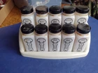 Vtg Art Deco Griffith's 10 Piece Milk Glass Spice Jar Set Rack/ Lid