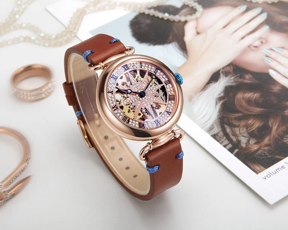 Reloj mecánico automático SKONE de lujo para mujer esfera estrella esqueleto correa de cuero Foto 4 de 4