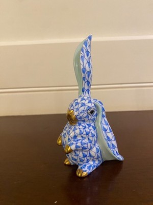 Herend Blue Fishnet Hand Painted Porcelain Bunny with One Ear Up. 4'' tall.