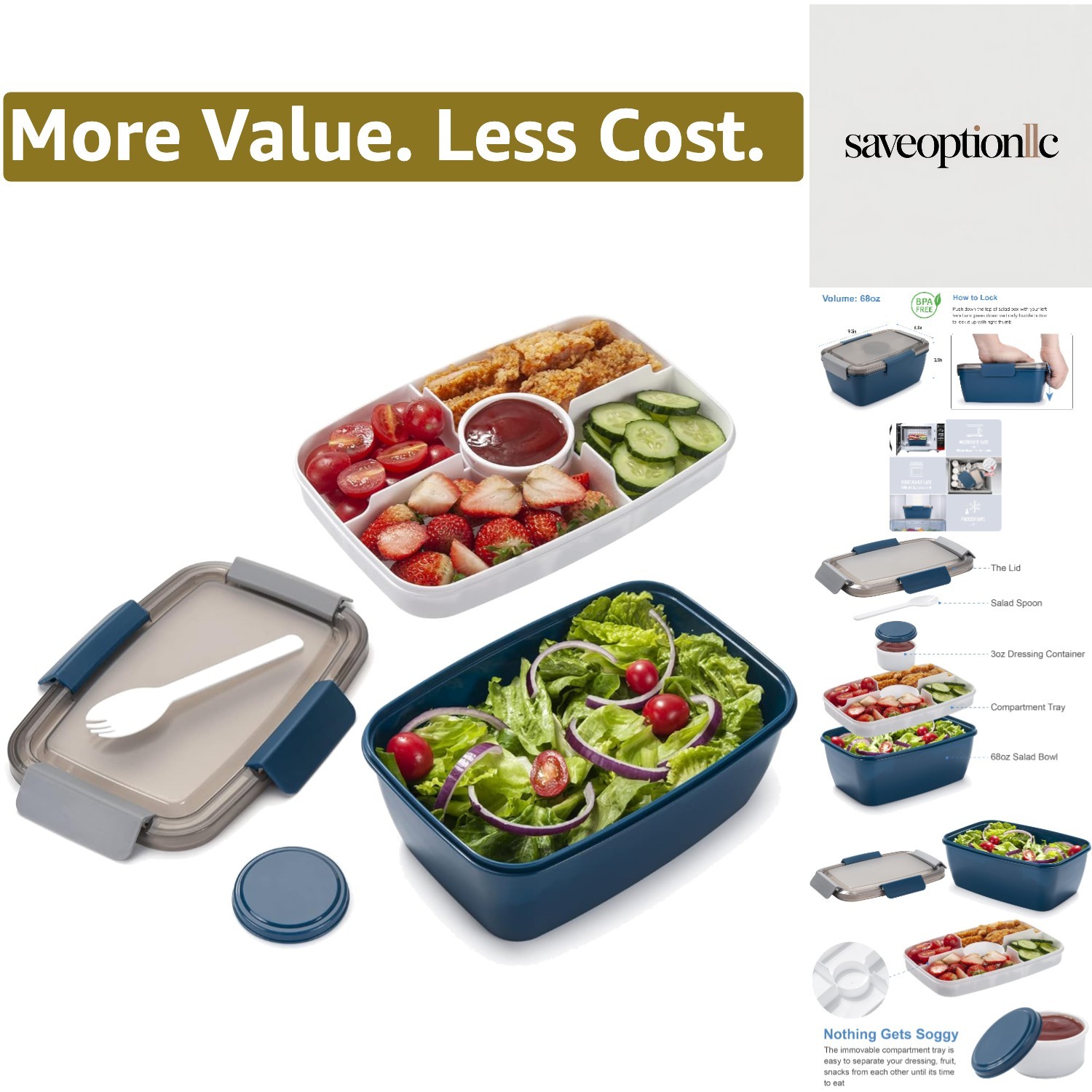 Large Salad Lunch Container To Go, 68-oz, Blue-XL, Unisex