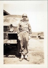 WW2 Photo Of US Soldier Full Length By GS 13 Army Truck Motor Pool Yard
