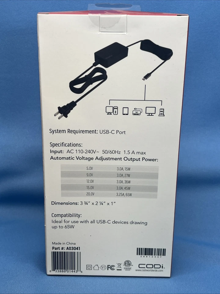 CODi 65W USB-C AC Power Adapter Universal 65W Max Voltage With Auto adjustment - Image 2 of 2