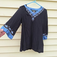 Bob Mackie Silk Black Embroidered V Neck Collar M Southwestern Art To Wear Aztec