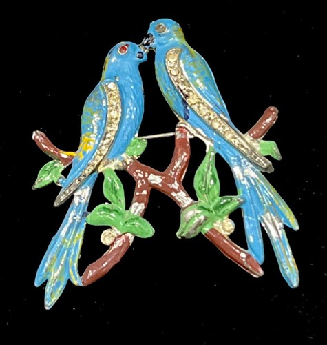 Antique Pot Metal Love Birds Clear Rhinestones- Missing Eyes