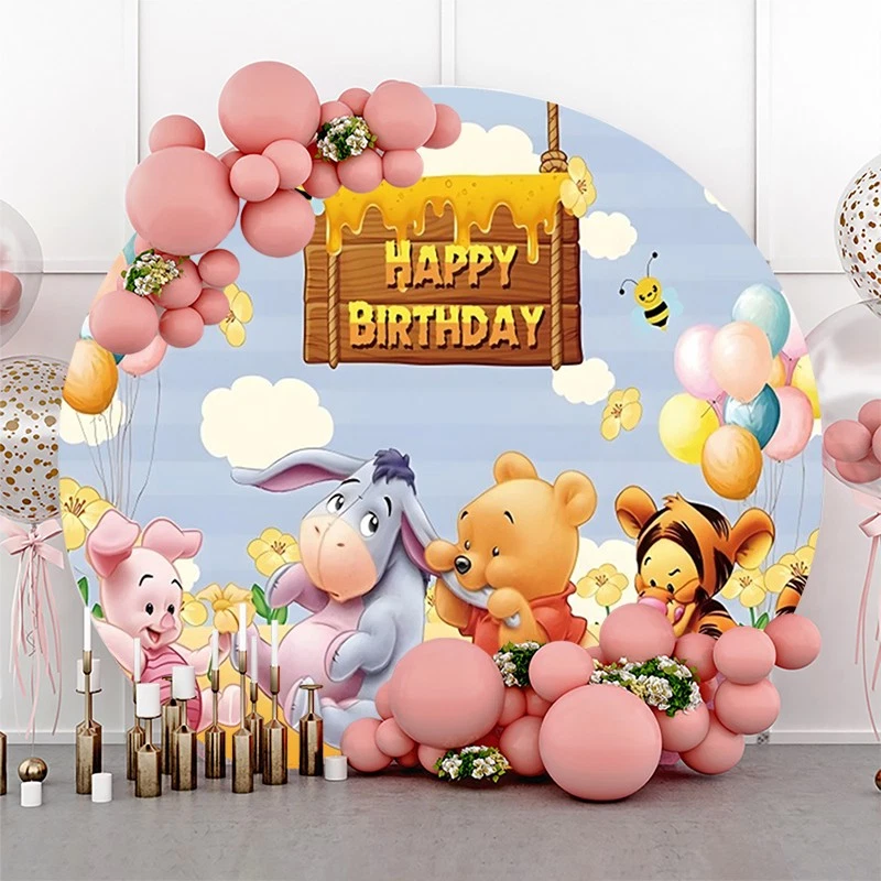Round Winnie The Pooh Backdrop Cover Happy Birthday Photo Background Banner - Image 2 of 4