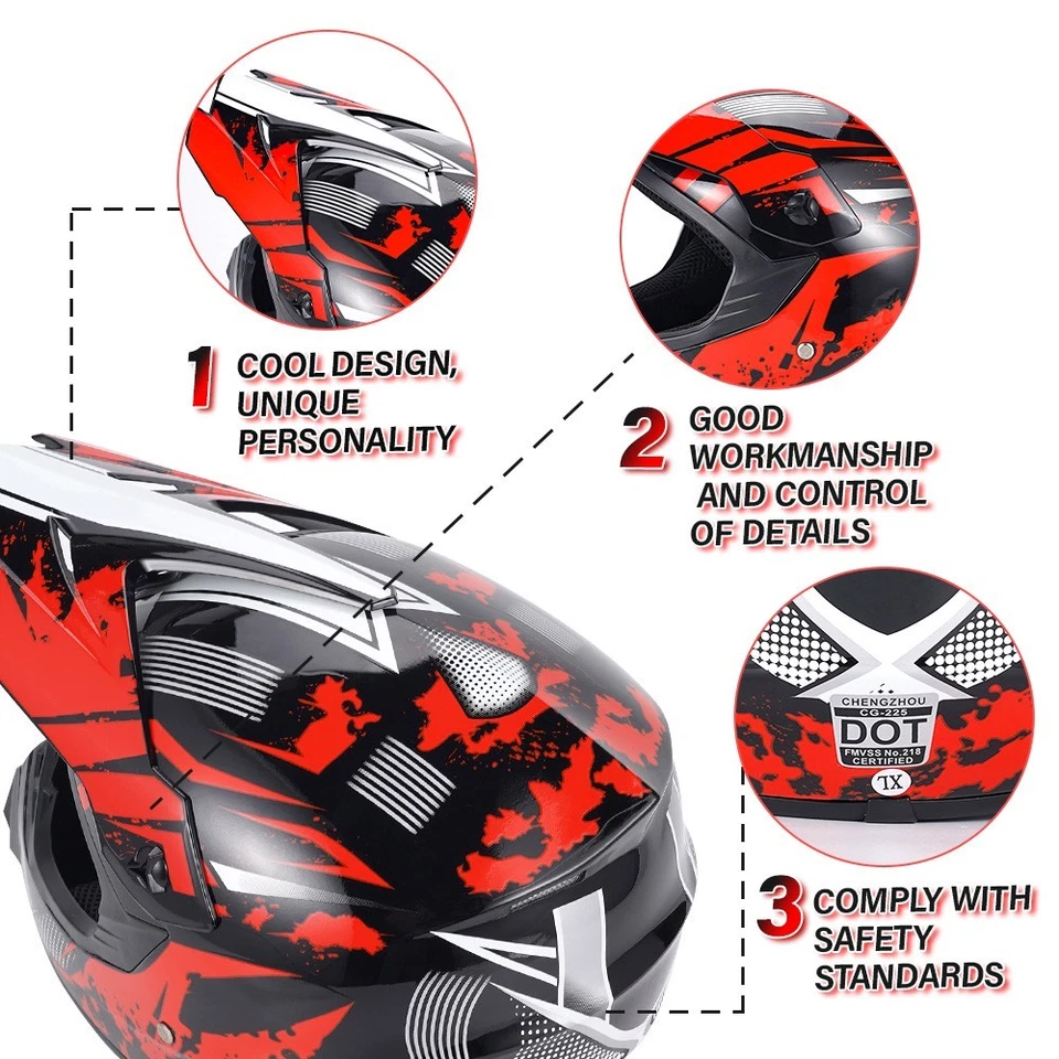 DOT Motocross Helmet Adult Off Road Bike ATV Helmet w/ Goggles/ Gloves/Mask L XL Foto 3 de 4
