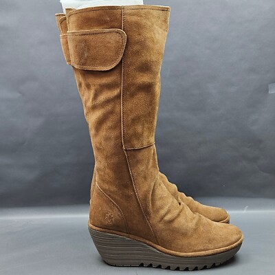Fly London Yulo Wedge Tall Knee High Boots Womens Size 9 Camel Brown Suede  | eBay