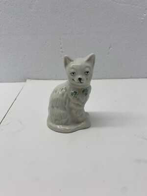 Belleek Pottery (Ireland) Cat Figurine New Condition With Tag Green And White