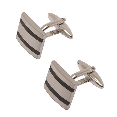 Sophos - Brushed Silver Cufflinks with Black Enamel Stripes in Gift Box