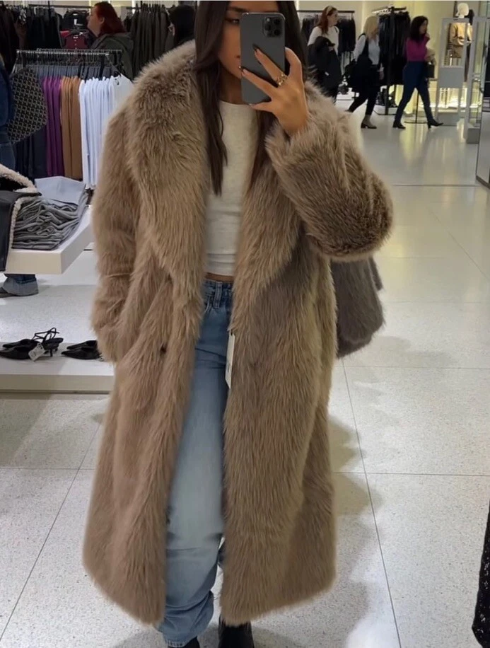 ZARA LONG FAUX FUR COAT TAUPE GREY NEW FW24/25 SIZE XS REF. 6318/243 - Image 3 of 4