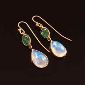 Authentic Natural Moonstone & Emerald Gold Plated 925 Sterling Silver Handmade Earring