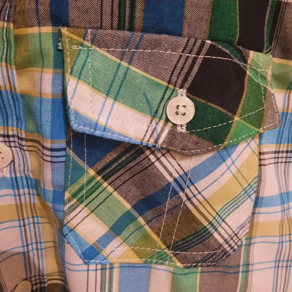 Chams Button Down Short Sleeve Shirt Kids Size 7 Plaid Green Blue Yellow EUC - Image 3 of 4