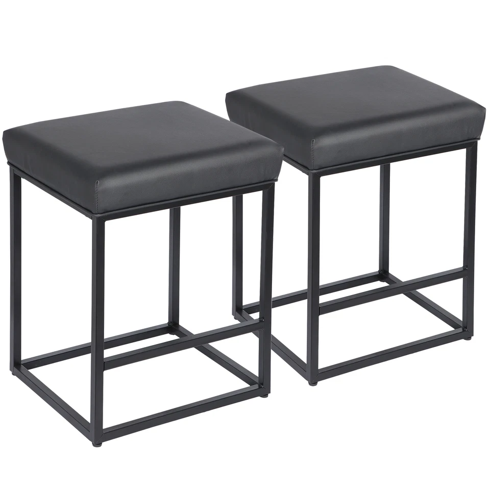 Set of 2 Black 24 Inch Backless Counter Bar Stools Faux Leather Seat for Kitchen - Image 3 of 4