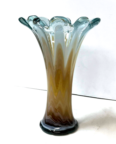 Murano Stil mundgeblasene Kunst Glas Vase wunderbar karamellweiß Jakobsmuschel Top 11" hoch - Bild 1 von 10