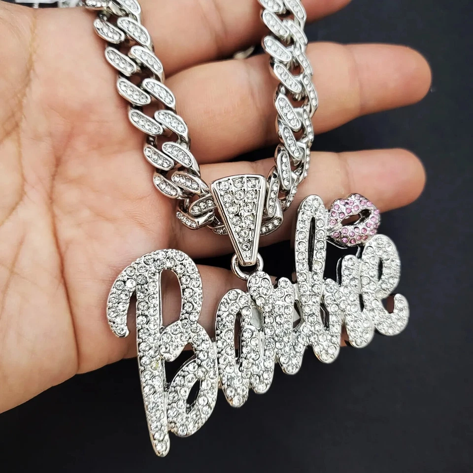 Mujer Chapado en Oro Grande Barbie Dije y Circonita Cúbica Helada Collar Cadena Cubana Foto 2 de 3